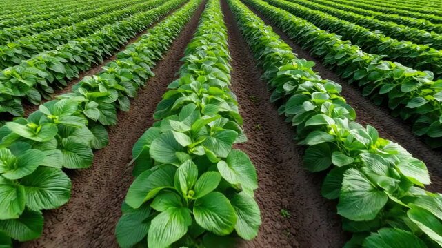 Lush green strawberry plants thrive in perfectly straight rows, captured by a drone during the harvest season, showcasing the precision and organization of modern agriculture