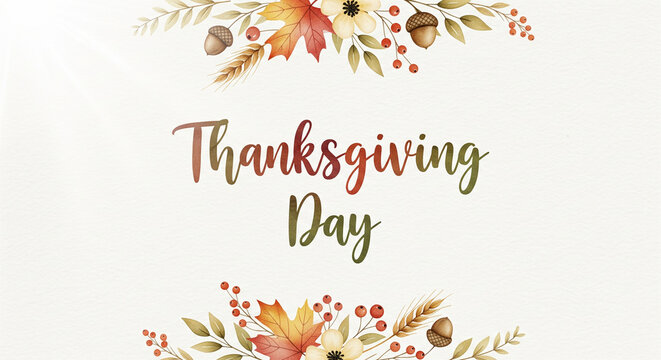 Elegant Thanksgiving Day greeting with delicate watercolor autumn leaves and acorns on cream background