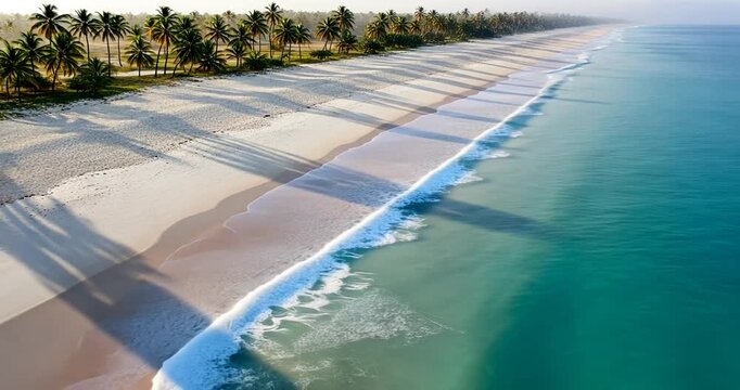 A serene beach with palm trees casting long shadows on the white sand and turquoise water