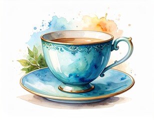 Elegant teacup and saucer in soft watercolor hues with delicate floral details