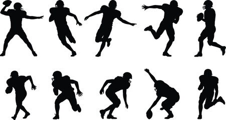 American football silhouette illustration set, player action poses, helmet icons, sports graphic, tackle symbol, athletic motion design