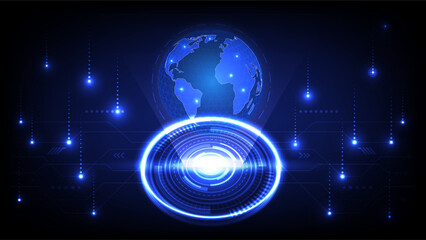 Fototapeta premium Digital globe and holographic HUD interface glowing in blue, representing global connectivity, data flow and advanced technology