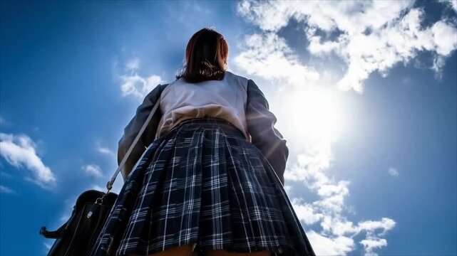 Whimsical Schoolgirl Silhouette Against a Bright Sky - A Unique Perspective.