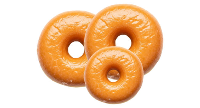 Three glazed donuts isolated on transparent background, a sweet treat perfect for breakfast or a snack, showcasing their golden color and smooth texture