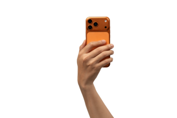Human Hand Holding Modern Orange Copper Smartphone with Triple Camera, Taking Photo or Video, Isolated on White
