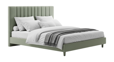 Modern light green bed with soft pillows and blanket isolated on transparent background for bedroom interior design