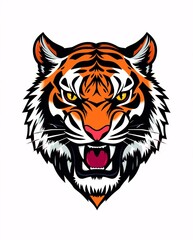 Tiger's fierce face: A majestic tiger head with striking stripes and intense gaze, ready to leap, expressing raw power and commanding presence.