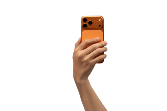 Human Hand Holding Modern Orange Copper Smartphone with Triple Camera, Taking Photo or Video, Isolated on White - Powered by Adobe