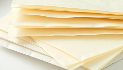 Delicate, translucent sheets of xuan paper, pale ivory color, stacked neatly,  hemp fiber,  writing paper