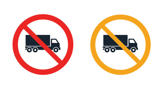 No trucks allowed red and yellow prohibition signs depicting vehicle restriction