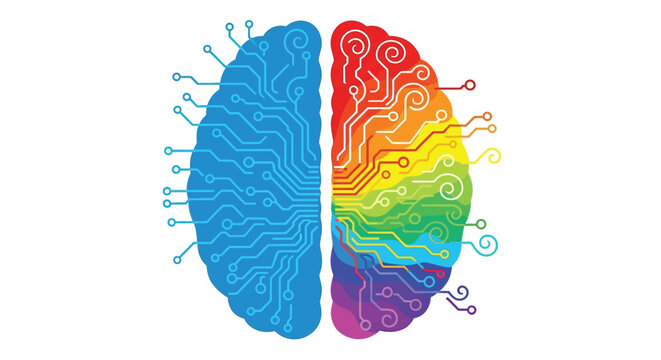 A colorful depiction of a human brain split into two distinct hemispheres