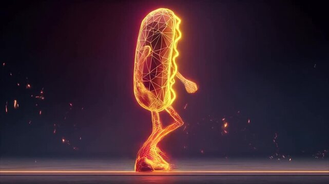 Animated Hot Dog Character Walking with Neon Glow Effect.