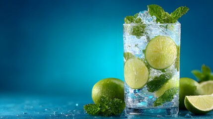 Crisp, refreshing image of a gin and tonic cocktail in a tall glass, filled with ice, lime wheels, and a sprig of fresh mint with condensation.