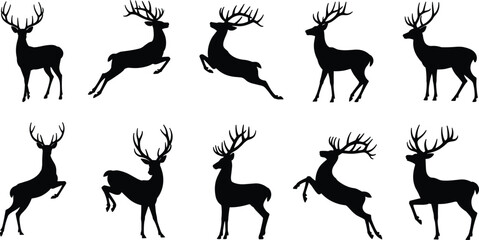 Deer silhouette illustration set, antlered wildlife poses, standing and leaping icons, nature graphic, forest animal symbol, motion design