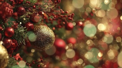 A close-up of a festive tree with gold and red ornaments A glittery gold bauble is in focus amid red berries green needles and a background of sparkling out-of-focus lights