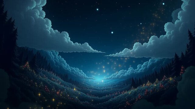 Magical christmas night scene with Santa Claus on sleigh with reindeer, flying across full moon sky to deliver festive gift