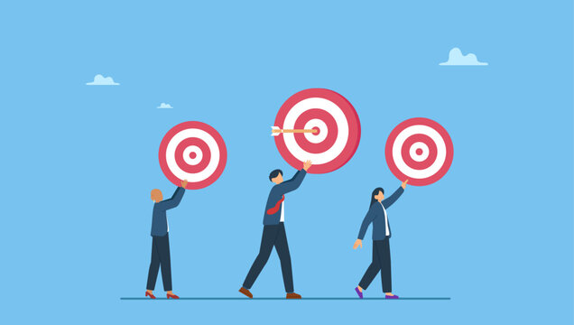 Businessman and businesswoman office workers walking with their personal goals. Personal goal for career development, individual target to achieve for job evaluation, objective or purpose.