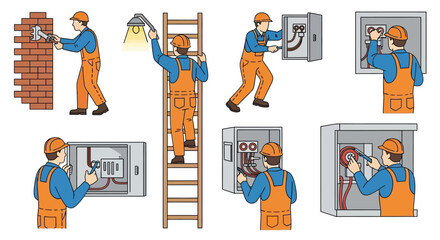 Electrical work and safety a series of illustrations depicting electricians at work