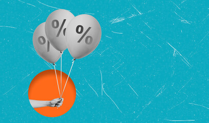 Colorful balloons with percentage symbols float above a hand against a bright blue background...