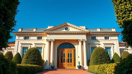 neoclassical. A grand mansion entrance with elegant double doors, framed by manicured hedges under a clear blue sky. real-estate listings.
