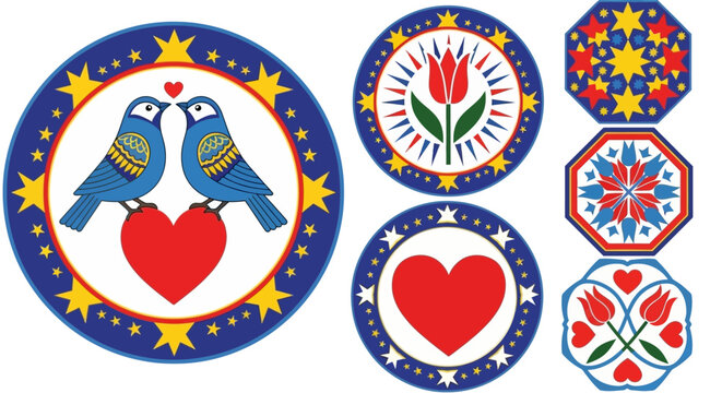 Pennsylvania Dutch Hex Sign Vector Elements with Folk Art Bird and Tulip Motifs