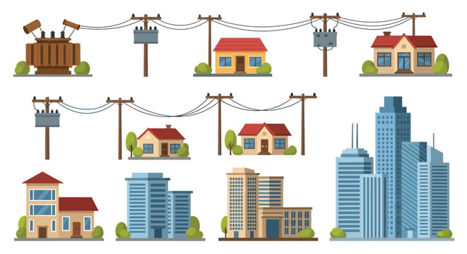 Illustration of buildings power lines and electrical infrastructure in a cityscape