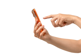 Human Hand Holding Modern Orange Copper Smartphone with Triple Camera, Taking Photo or Video, Isolated on White