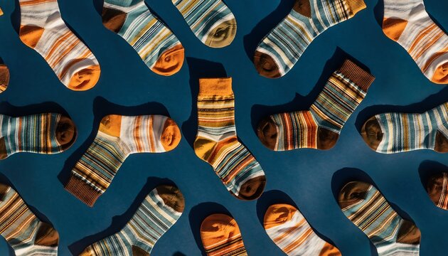 Colorful striped socks arranged in a symmetrical flat lay with bold geometric layout, vibrant fashion accessory setup perfect for apparel and lifestyle themes.