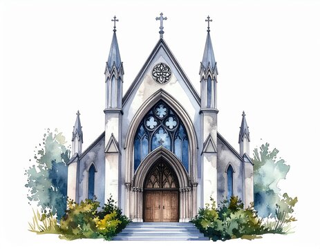 Watercolor illustration of a beautiful church, perfect for religious themes