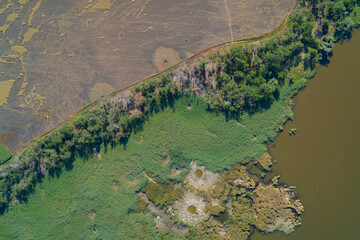 Top-down aerial photo showing a sharp land boundary between tilled farmland, a forest line, and a...