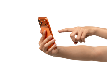 Human Hand Holding Modern Orange Copper Smartphone with Triple Camera, Taking Photo or Video, Isolated on White