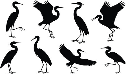 Heron silhouette illustration set, flying and standing bird icons, nature graphic, wetland wildlife symbol, elegant posture design
