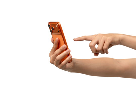 Human Hand Holding Modern Orange Copper Smartphone with Triple Camera, Taking Photo or Video, Isolated on White