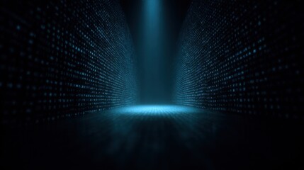 Futuristic Dark Technology Corridor with Blue Digital Data Walls and Spotlight