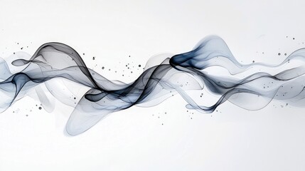 A dynamic abstract composition featuring flowing wisps of dark blue and grey smoke or ink, scattered with small dark particles, against a clean white background