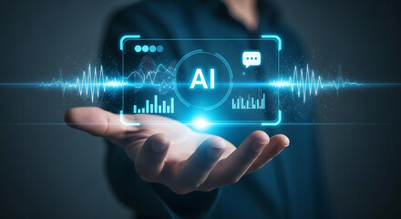 Person holds a futuristic hologram display showing ai, data analytics, sound waves, and a messaging icon.