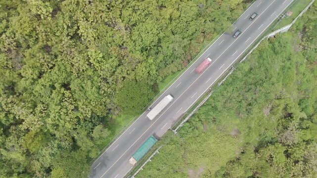 Aerial View of Serene Highway Winding Through Lush Greenery Surrounded by Nature