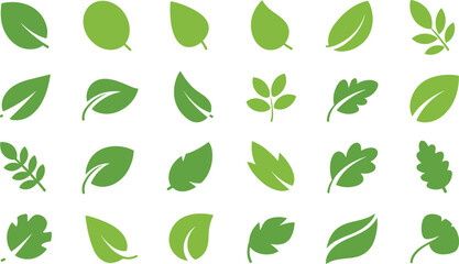 Leaf icon illustration set, stylized green foliage shapes, botanical vector design, nature symbol, eco graphic, plant species icons