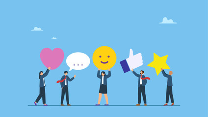 Diverse business people giving emoticon feedback such as stars, thumbs up. Customer feedback, user experience or client satisfaction, opinion for product and services, review rating or evaluation.