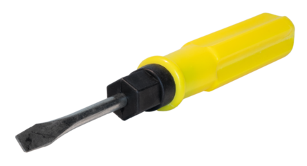 Large flat end of a screwdriver with a yellow handle angled toward the viewer