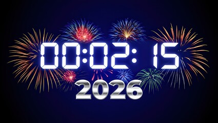 Happy new year 2026 celebration design with neon light, fireworks illustration, and vector text sign for holiday business sale