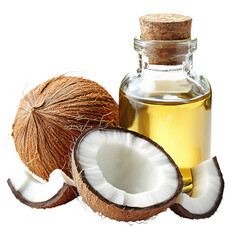 Coconut oil and coconuts on transparent background
