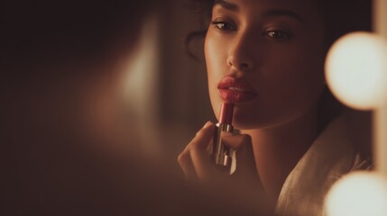 Glamorous Young Woman Applying Red Lipstick in Front of a Vanity Mirror