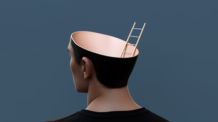 Ladder emerging from an open head, symbol of personal growth, self improvement, new ideas and mental elevation, 3d render
