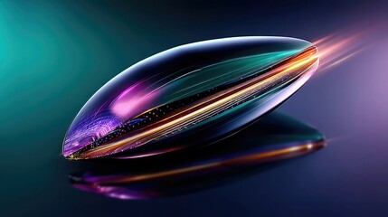 A sleek, futuristic, oval-shaped object with vibrant, glowing light trails emanating from its center, set against a dark, gradient background.
