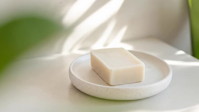 Natural bar soap on white dish with green foliage blur