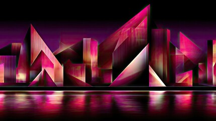 A futuristic, abstract cityscape composed of sharp geometric shapes in vibrant pink and purple tones, with its reflection shimmering in the water below.