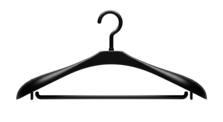 Black plastic coat hanger isolated on transparent background for clothes
