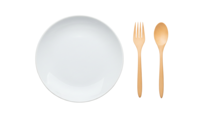 Empty plate with wooden spoon and fork isolated on transparent background