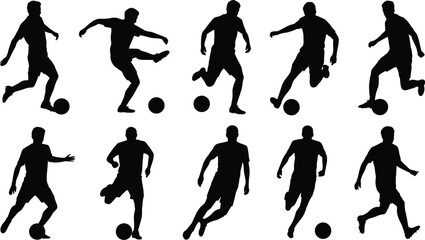 Soccer player silhouette illustration set, kicking and dribbling poses, sports icons, motion graphic, athlete symbol, football design